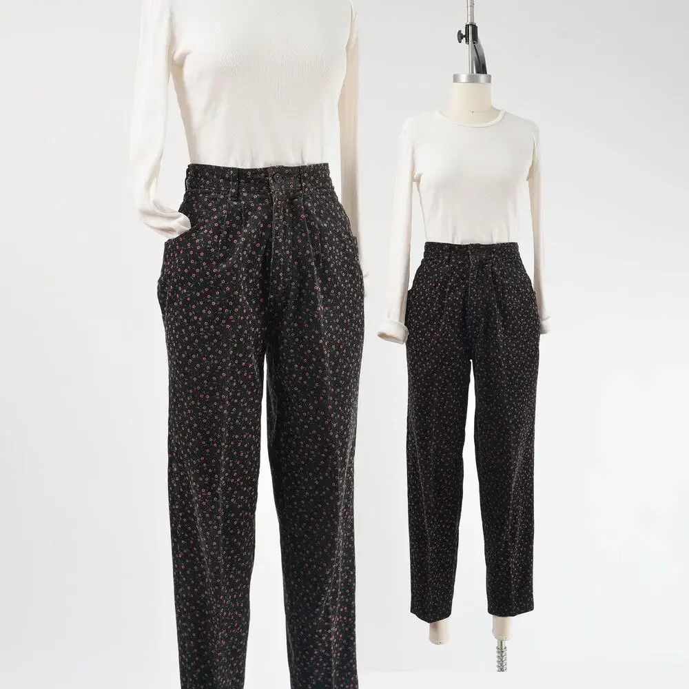 Vintage 80s Floral Corduroy Pants Cotton Pleated High Waist Tapered Leg Trousers
